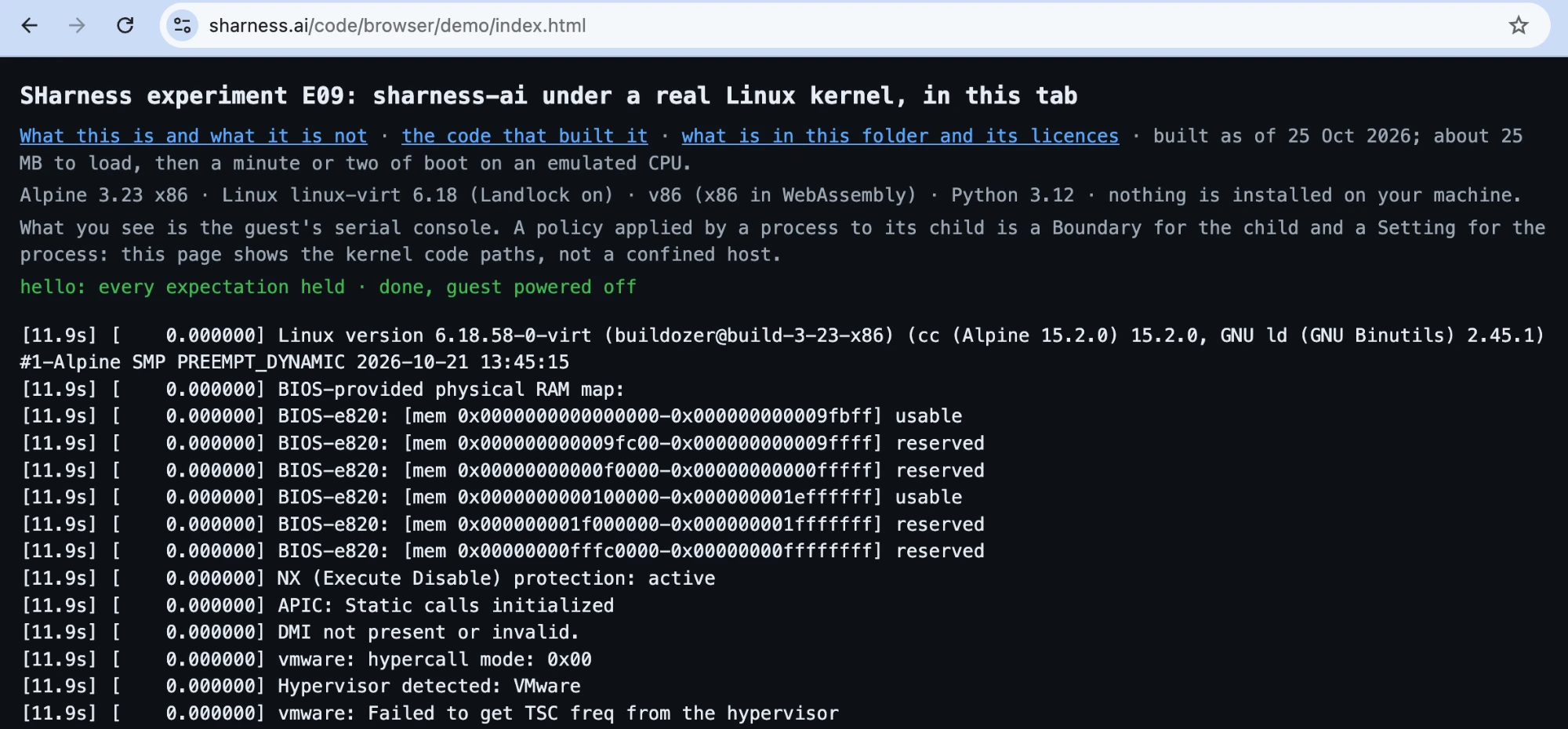 The E09 page in Chrome on sharness.ai: the header, the status line "hello: every expectation held · done, guest powered off", and the first lines of the serial console: Linux version 6.18.58-0-virt, the BIOS memory map, NX protection active.