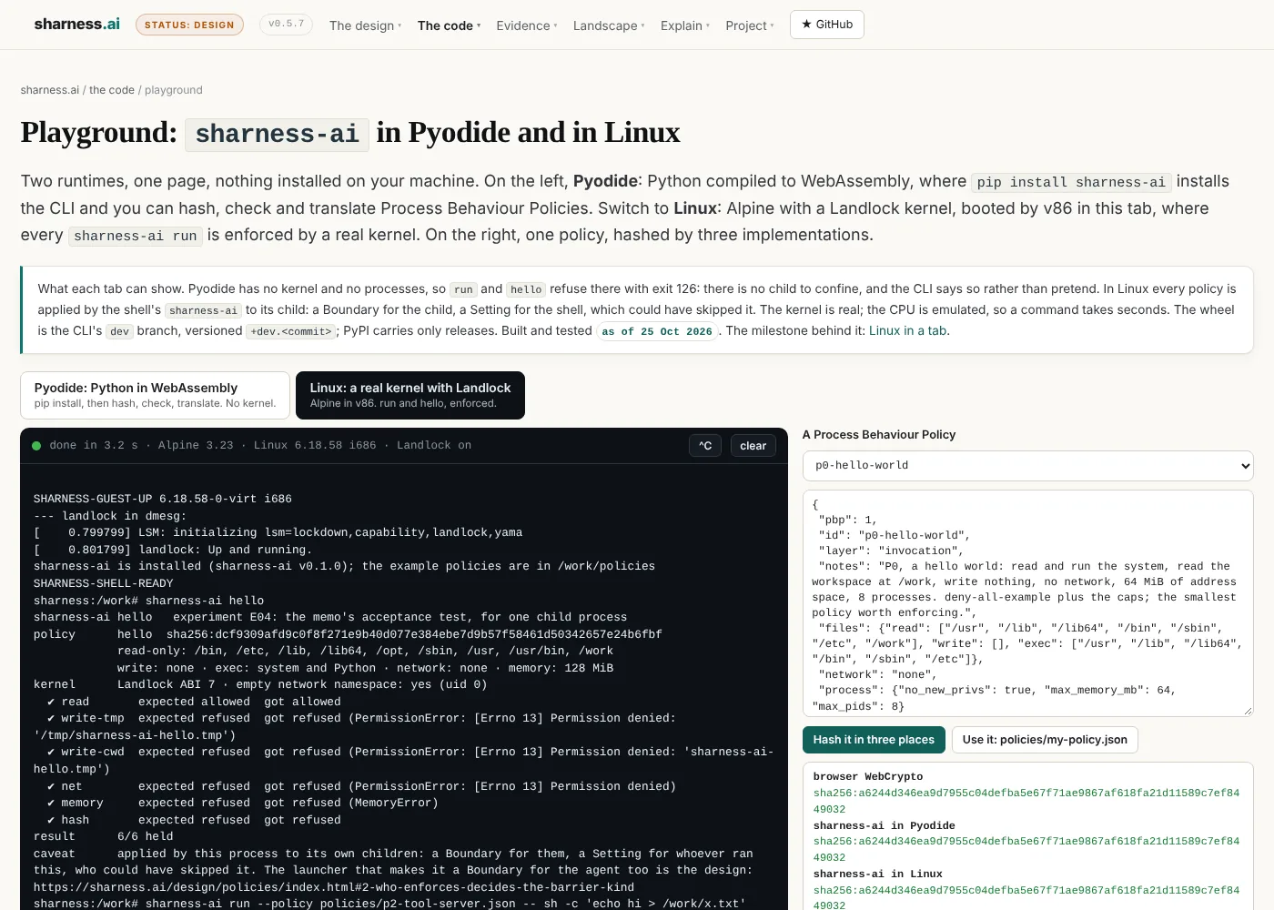 The playground's Linux tab: the guest's shell after boot, sharness-ai hello with 6/6 held, a write refused under P2, and on the right the same policy hashed by the browser's WebCrypto, by sharness-ai in Pyodide and by sharness-ai in Linux, all three identical.
